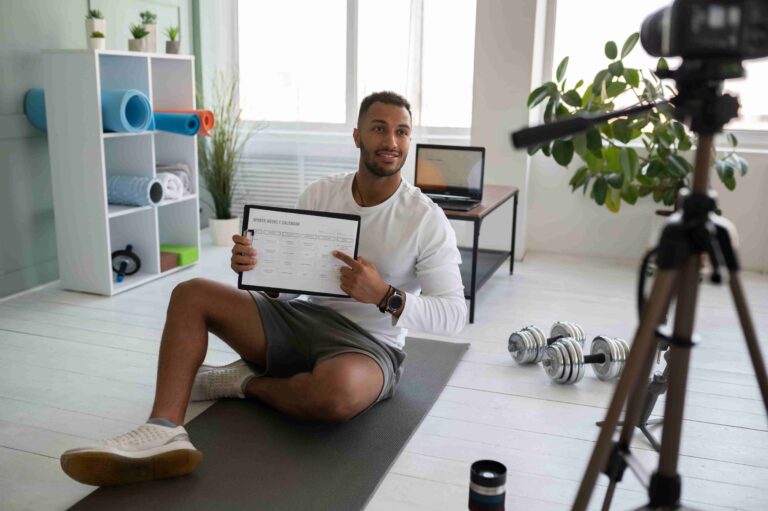 Online fitness coaches batching content videos for consistent social media posting schedule