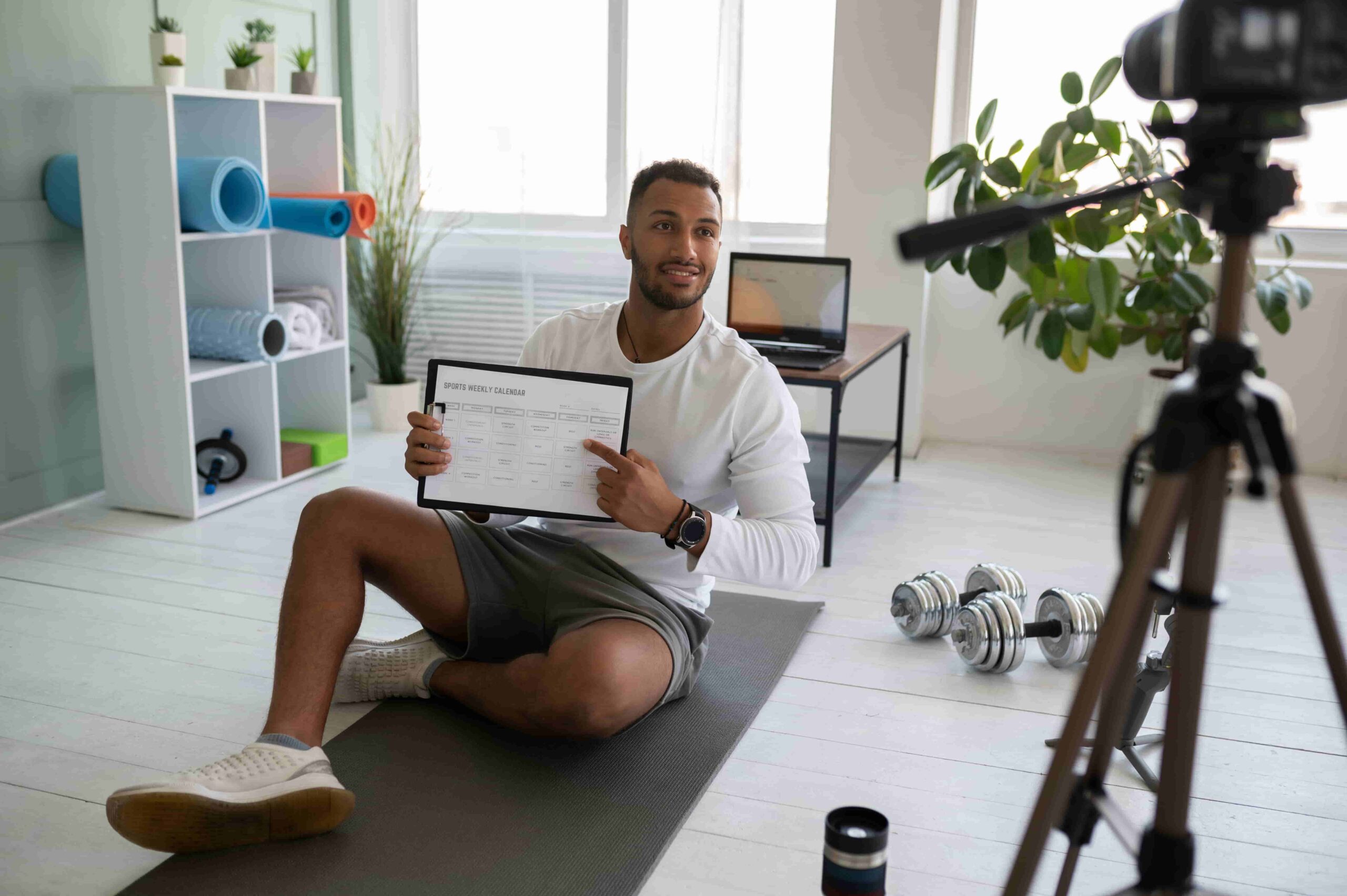 Online fitness coaches batching content videos for consistent social media posting schedule